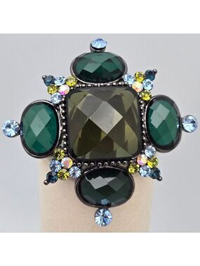 Large Green Blue Lemon Vintage Aurora Borealis AB Faceted Brooch Pin
